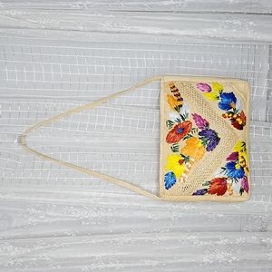 Vintage Woven Straw/Palm Leaf Boho Colorful Floral Vacation Jamaica Souvenir Bag